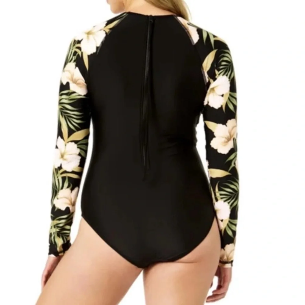 Hurley Black Floral Long Sleeve Rash Guard Swimsuit